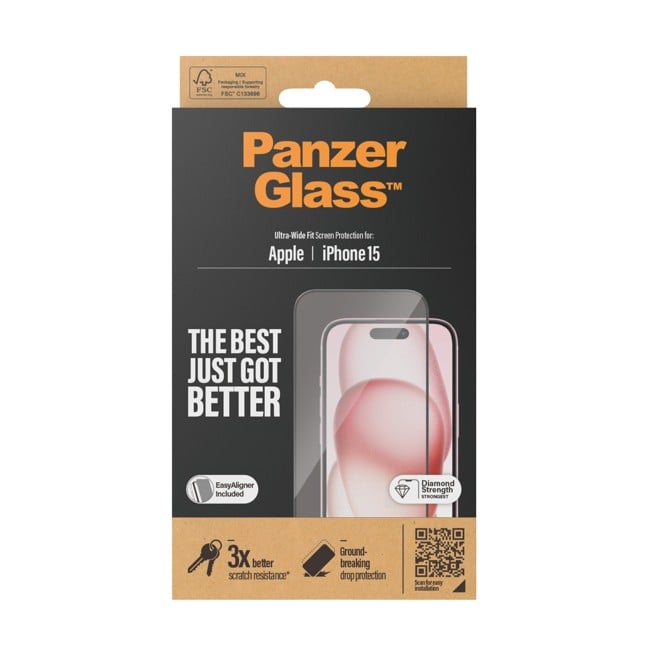 PanzerGlass - Displayschutz iPhone 15 - Ultraweite Passform m. EasyAligner