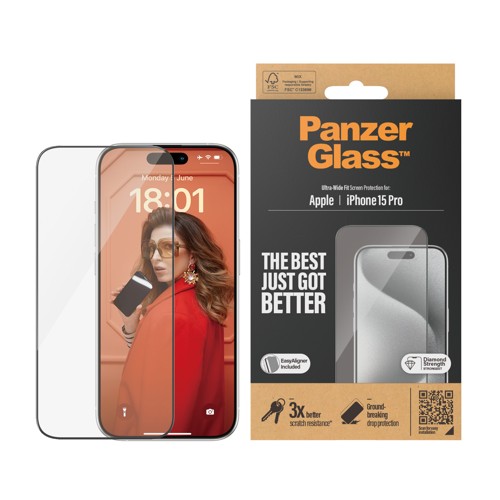 PanzerGlass - Screen Protector iPhone 15 Pro - Ultra-Wide Fit w. EasyAligner