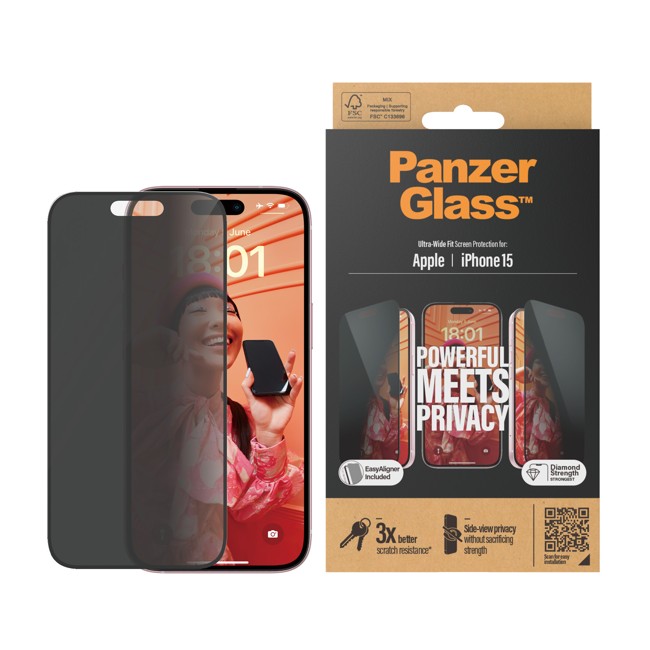 PanzerGlass – Sichtschutz für das iPhone 15 - Ultraweite Passform m. EasyAligner