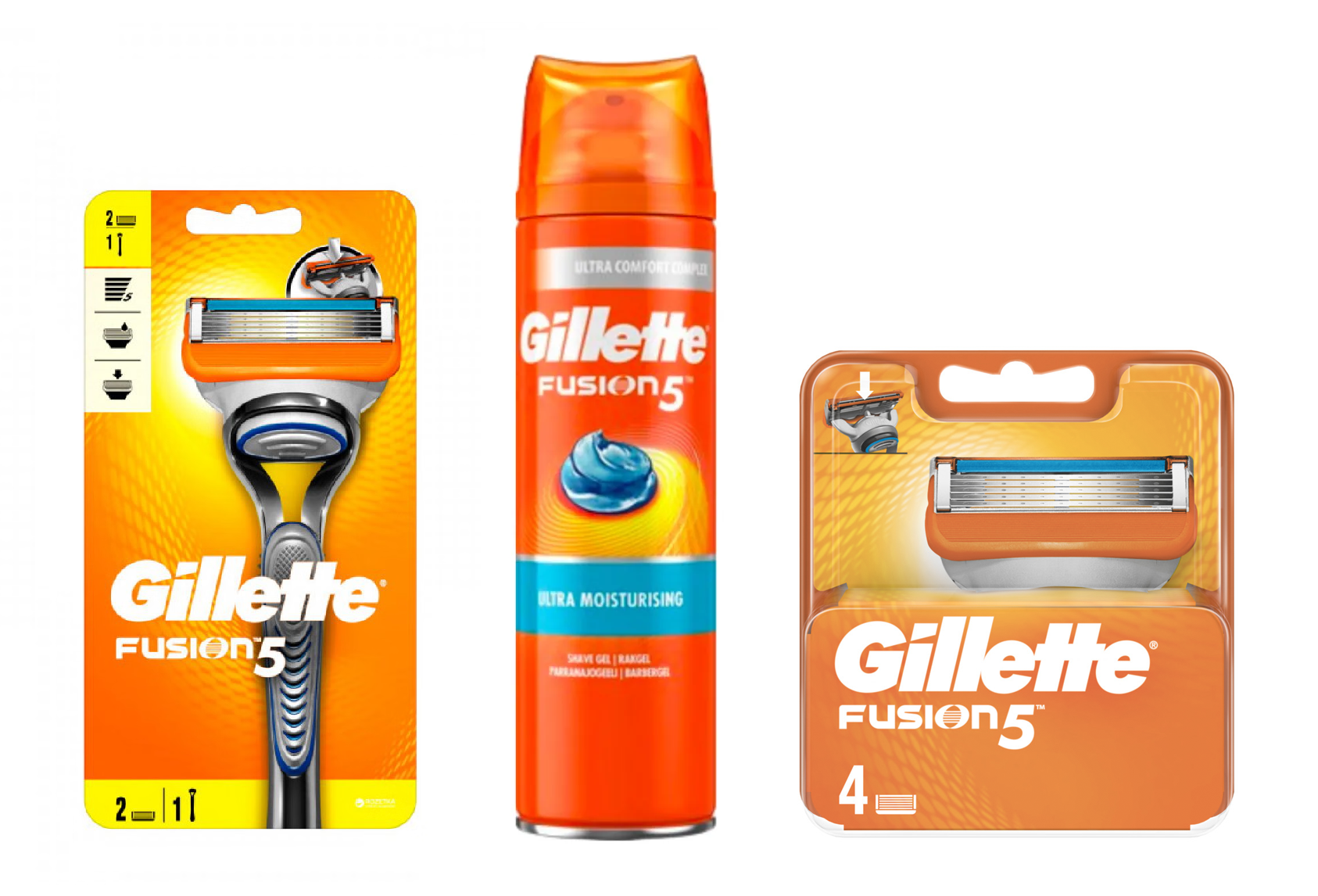 Gillette - Fusion Razor + 2 Blades + Gillette - Fusion 5 Ultra Moist Shave Gel 200 ml + Gillette - Fusion Manual Blades 4 Pack