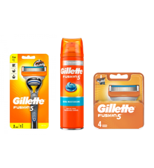 Gillette - Fusion Razor + 2 Blades + Gillette - Fusion 5 Ultra Moist Shave Gel 200 ml + Gillette - Fusion Manual Blades 4 Pack