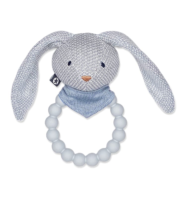 Smallstuff - Rattle Silicone Ring w. Knitted Bunny Light Blue - Leker
