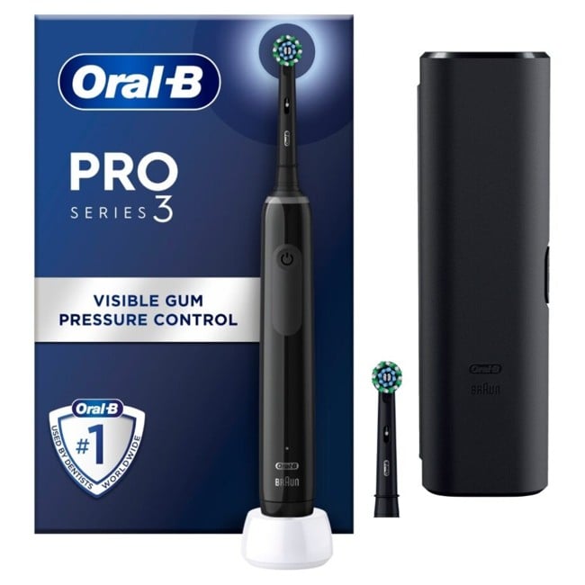 Oral-B - Pro3 Svart Elektrisk Tandborste + Extra Svart Borsthuvud + TC