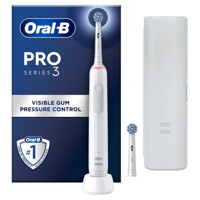 Oral-B - Pro3 Weiße Elektrische Zahnbürste + Extra Sensi Bürstenkopf + TC