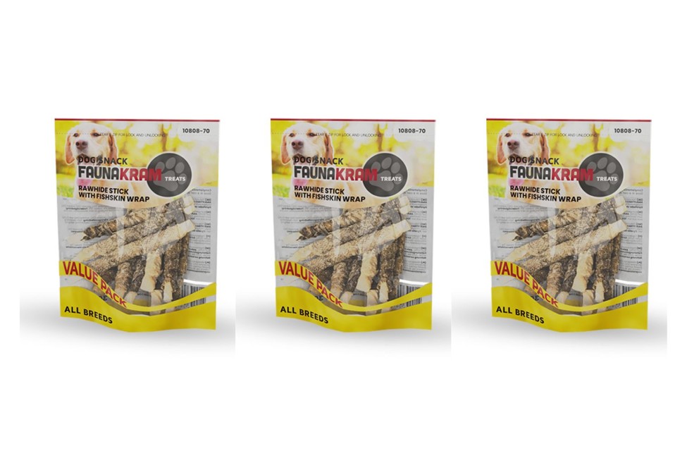 Faunakram - 3 x Dog Snack - Rawhide Stick with Fishskin Wrap 300 g.