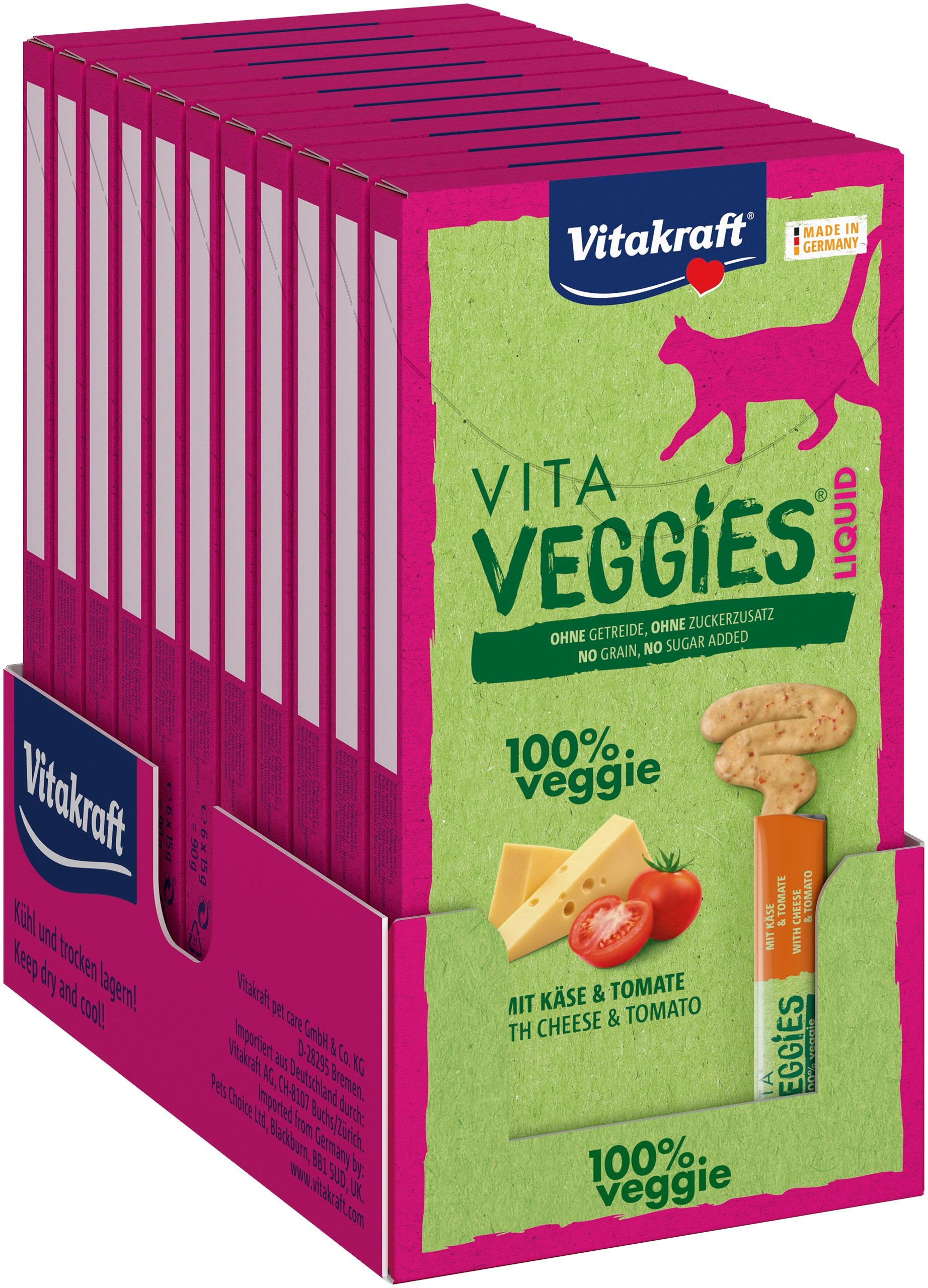 Vitakraft - 11 x Vita VeggiesÂ® Liquid snack med ost og tomat, 6 x 15g til kat