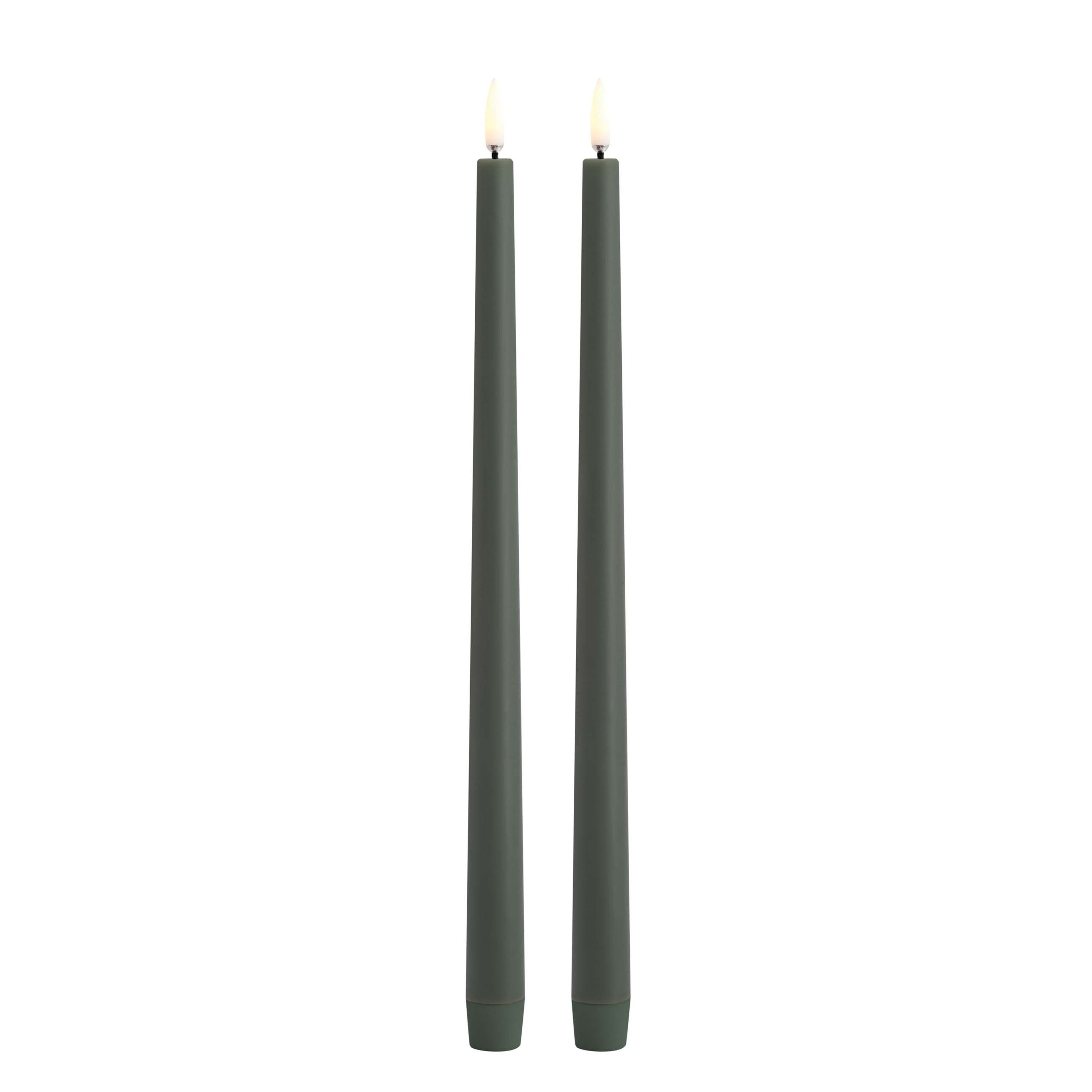 Uyuni - LED slim taper candle 2-pack - Olive green, Smooth - 2,3x32 cm (UL-TA-OG02332-2) - Hjemme og kjøkken