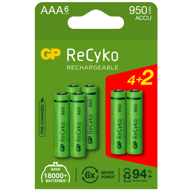 GP - Recyko 100AAA Rechargeable Batteries, R03/AAA, 4+2-Pack