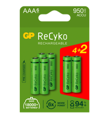 GP Recyko 100AAA Rechargeable Batteries, R03/AAA, 4+2-Pack
