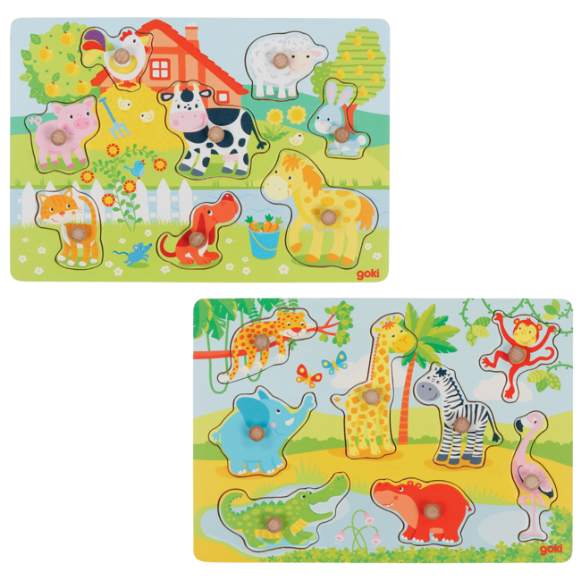 GOKI - Farm animals  & African baby animals, Lift-out puzzle (1240193/1240209)