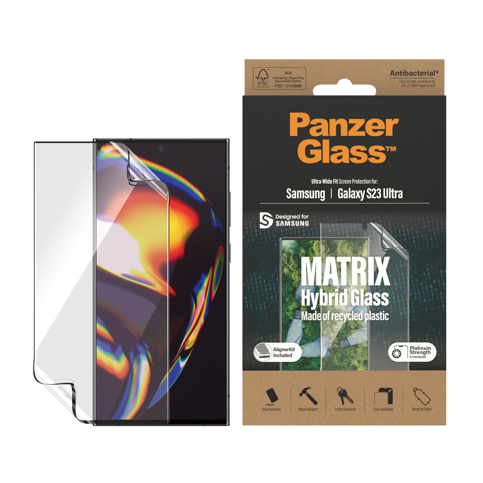 Samsung Galaxy S23 Ultra  Matrix Hybrid Glass AntiBacterial Ultra Wide Fit Skjermbeskyttelse - AlignerKit - Platinum Strength - Transparent