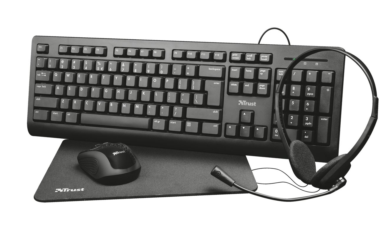 Trust - Primo tastatur og mus 4-i-1 hjemmekontorsæt, sort (nordisk)