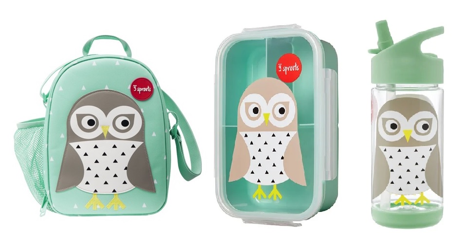 3 Sprouts - Lunch Bag (Mint Owl) + 3 Sprouts - Bento Box (Mint Owl) + 3 Sprouts - Water Bottle (Mint Owl) - Baby og barn