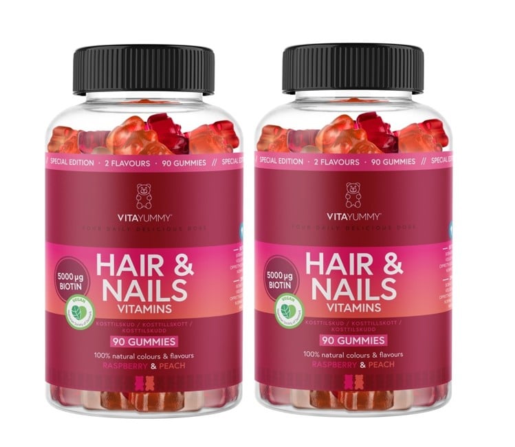 VitaYummy - 2 x Hair & Nails Hindbær/Fersken 90 stk