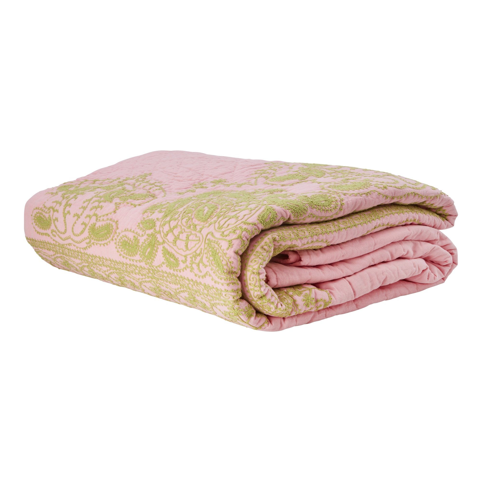 Rice - Cotton Quilt Bedspread in Soft Pink with Green Embroidery