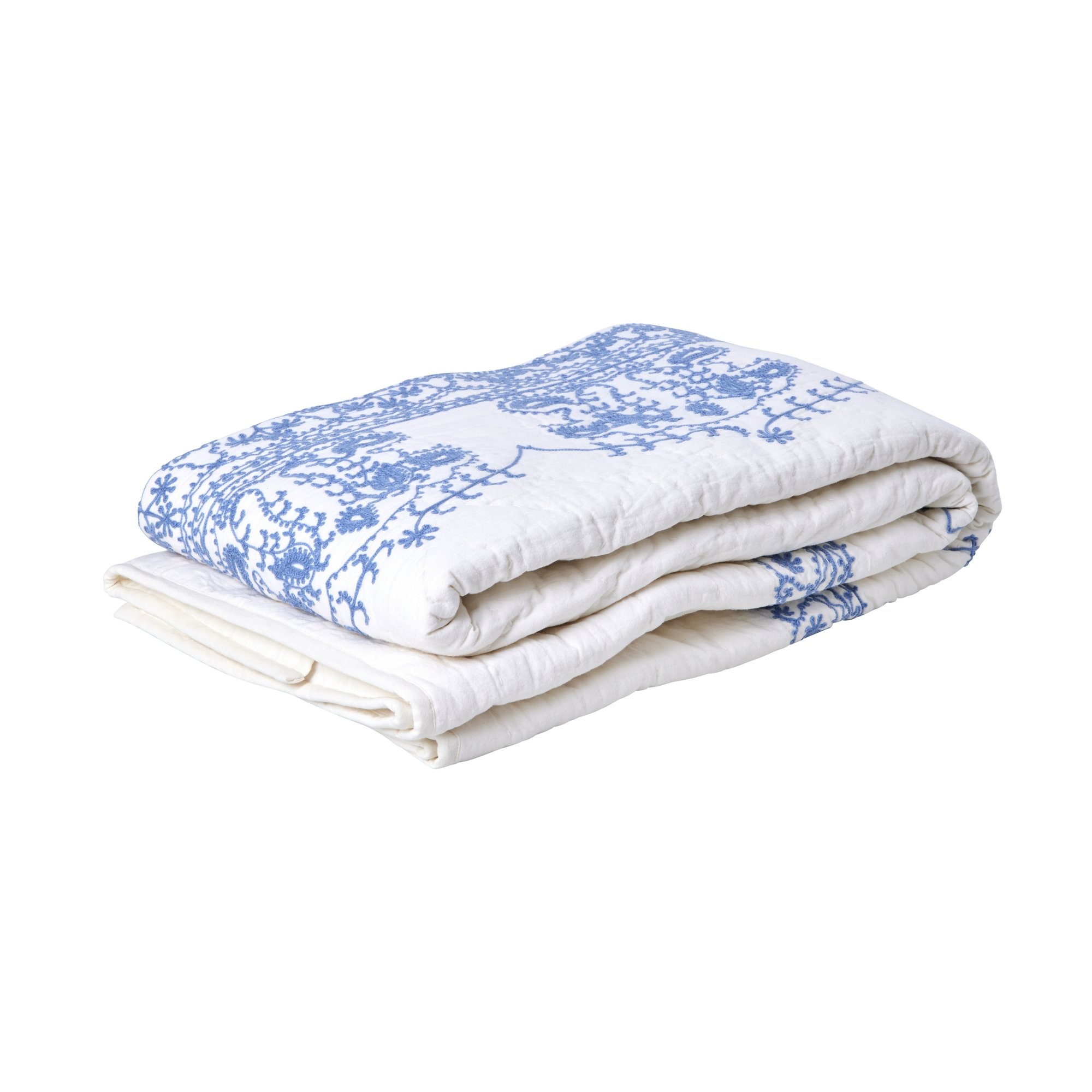Rice - Cotton Quilt Blanket in White with Blue Embroidery