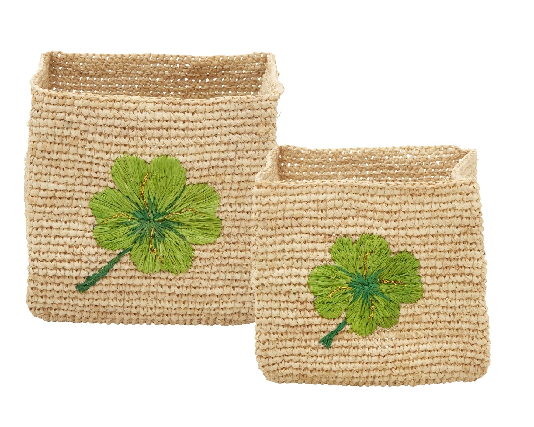 Rice - Square Raffia Storage Small and Large Nature/Clover Embroidery