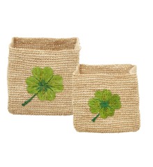 Rice - Square Raffia Storage Small and Large Nature/Clover Embroidery