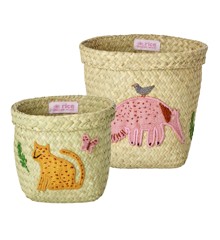 Rice - Round Raffia Baskets with Animal Embroidery Anteater/Leopard