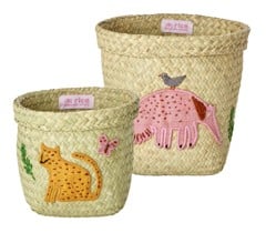 Rice - Round Raffia Baskets with Animal Embroidery Anteater/Leopard