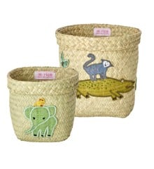 Rice - Round Raffia Baskets with Animal Embroidery Crocodile/Elephant