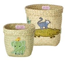 Rice - Round Raffia Baskets with Animal Embroidery Crocodile/Elephant