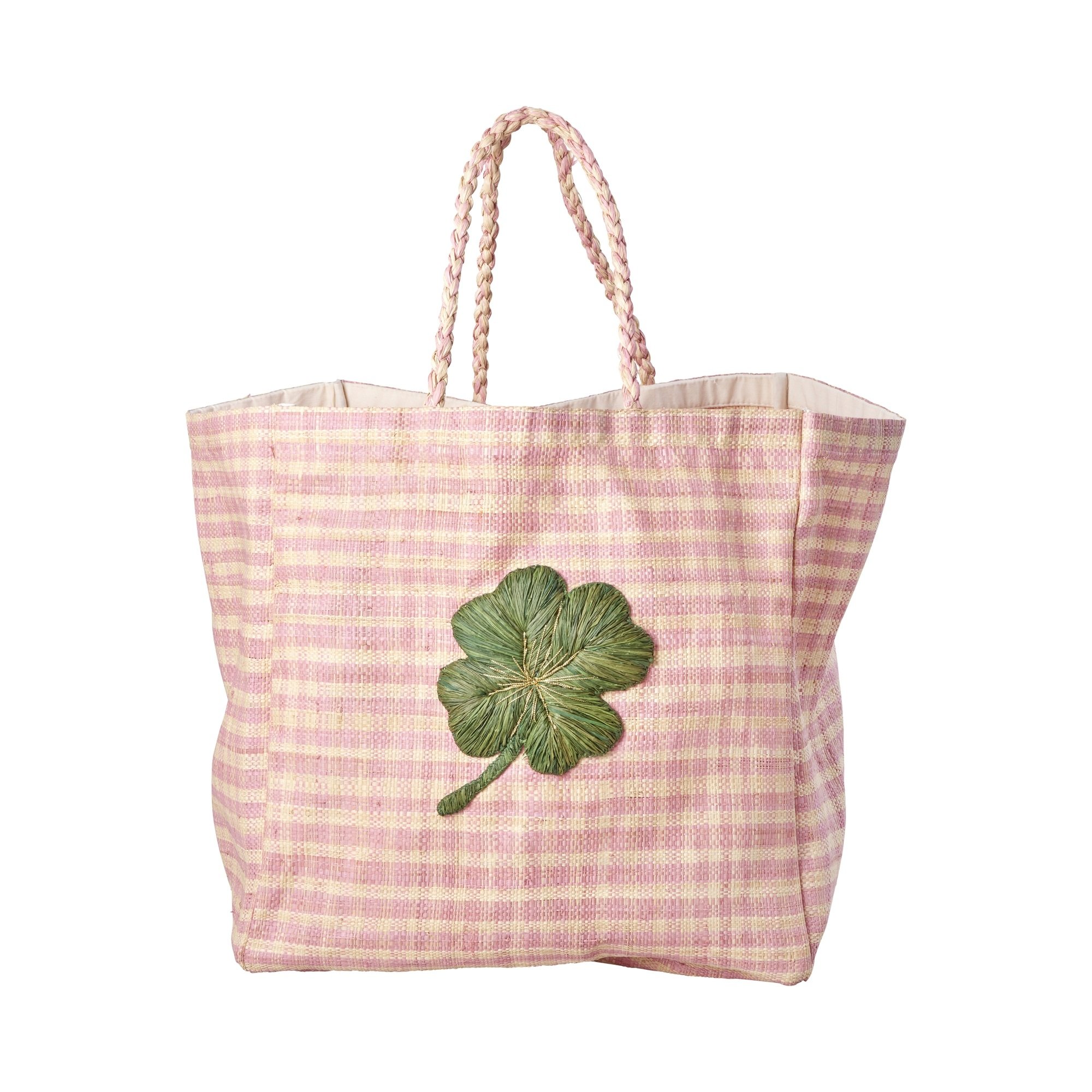 Rice - Raffia Shopping Bag Green Clover Embroidery in Pink and Nature Checks