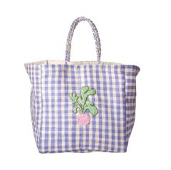 Rice - Raffia Shopping Bag Radish Embroidery in Lavender and Nature Checks