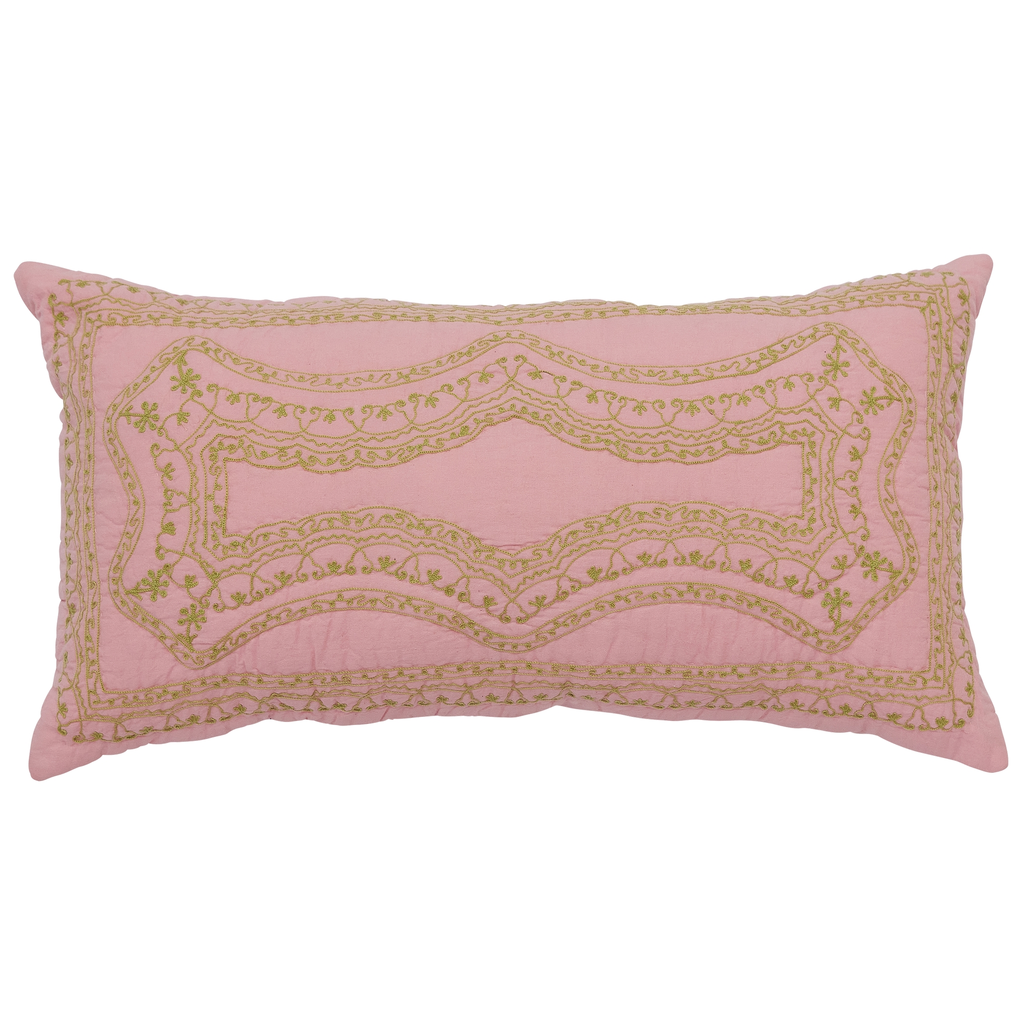 Rice - Cotton Cushion in Soft Pink with Green Embroidery - Hjemme og kjøkken