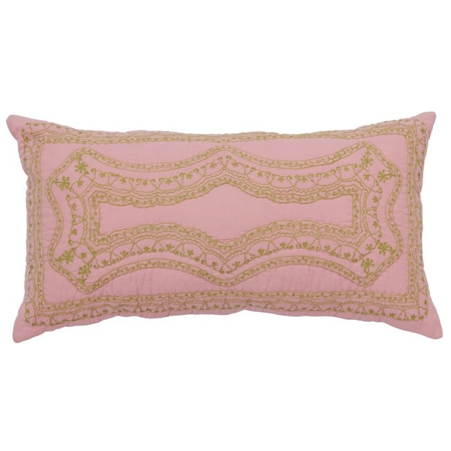 Rice - Cotton Cushion in Soft Pink with Green Embroidery