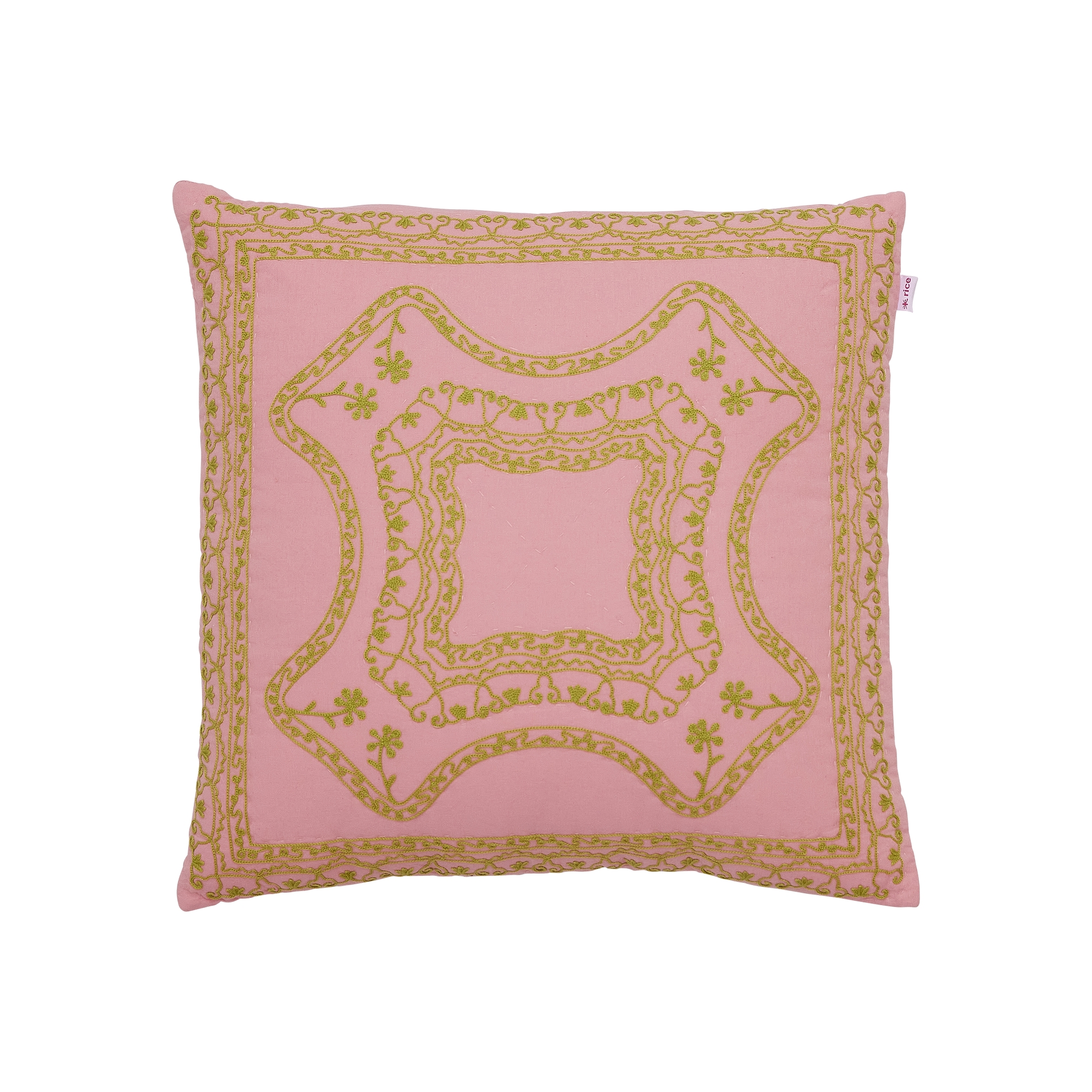Rice - Cotton Cushion Soft Pink with Green Embroidery - Hjemme og kjøkken