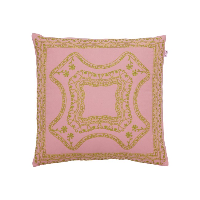 Rice - Cotton Cushion Soft Pink with Green Embroidery