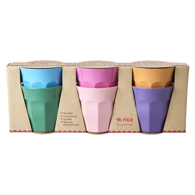 Rice - Medium Melamine Cups 6 Pcs.  Multicolored