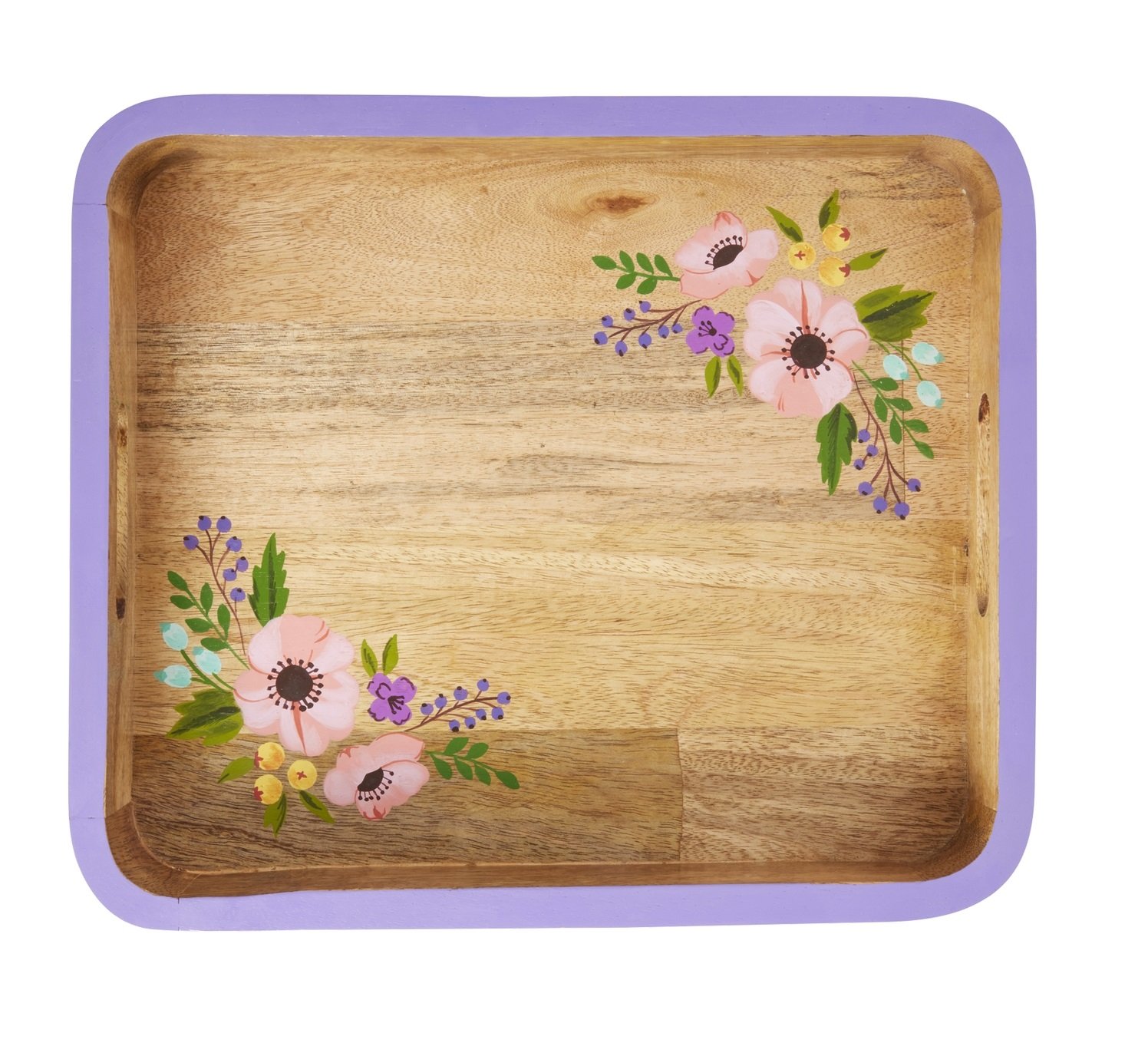 Rice - Rectangular Wooden Tray with Handpainted Purple Edge and Flowers Small Wood/Purple