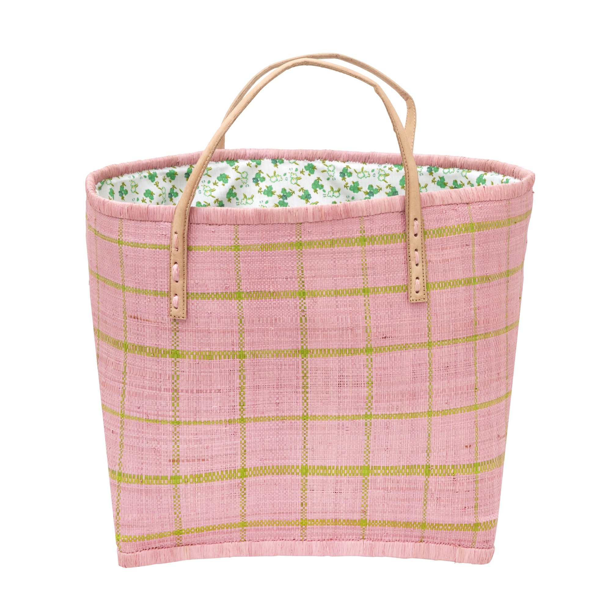 Rice - Raffia Bag in Soft Rose and Green Checks and Fabric Closing - Hjemme og kjøkken