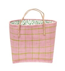 Rice - Raffia Bag in Soft Rose and Green Checks and Fabric Closing
