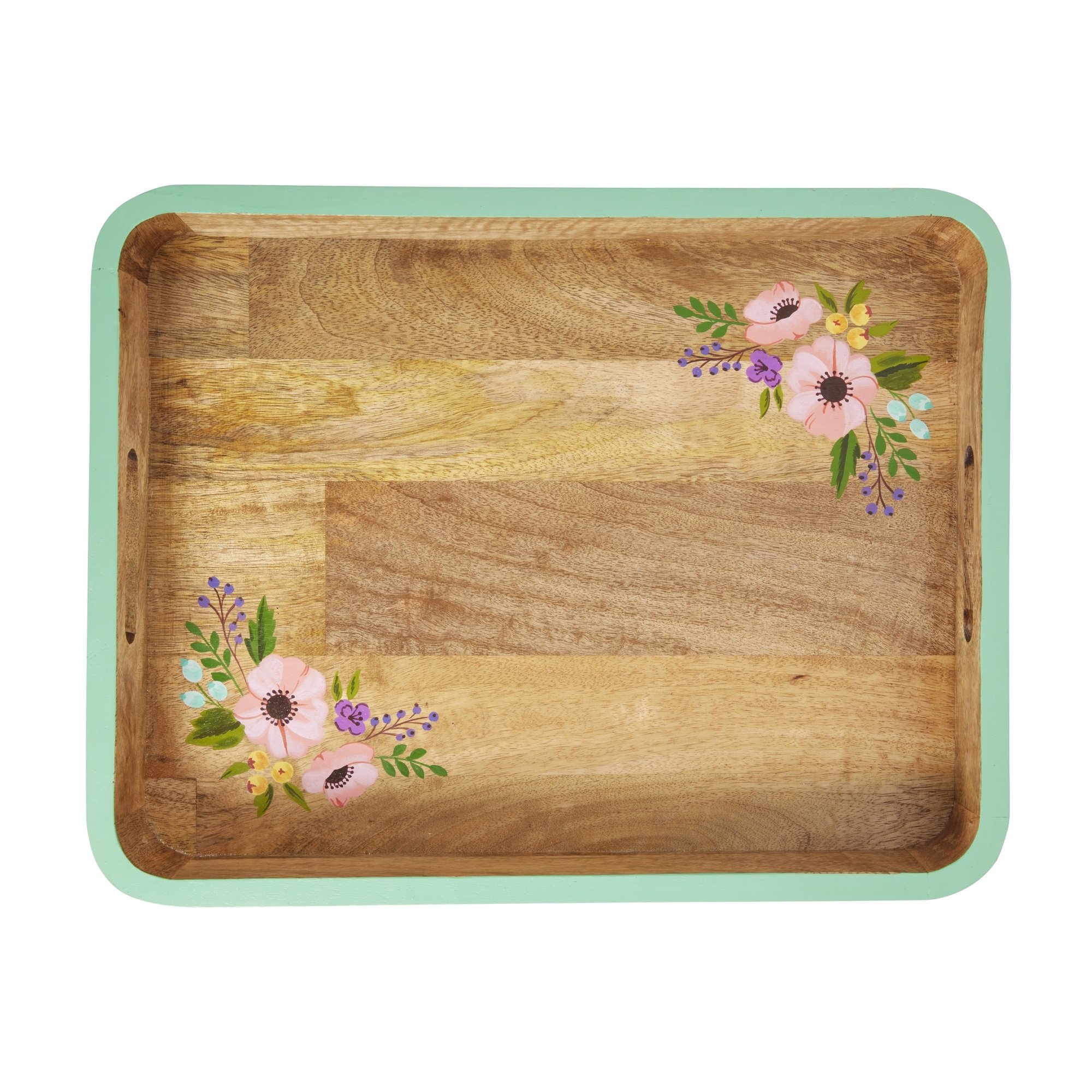 Rice - Rectangular Wooden Tray with Handpainted Mint Egde and Flowers Large - Hjemme og kjøkken