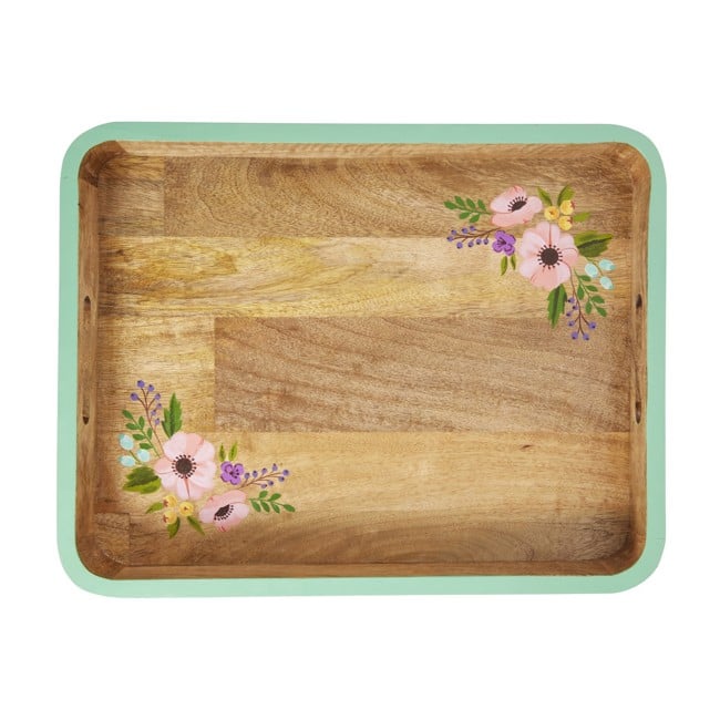 Rice - Rectangular Wooden Tray with Handpainted Mint Egde and Flowers Large