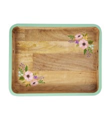 Rice - Rectangular Wooden Tray with Handpainted Mint Egde and Flowers Large