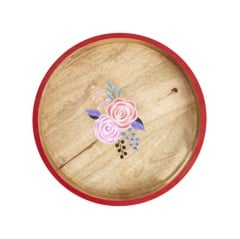 Rice - Round Wooden Tray with Handpainted Red Edge and Flowers Large