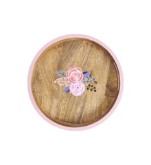 Rice - Round Wooden Tray with Handpainted Pink Edge and Flowers Small