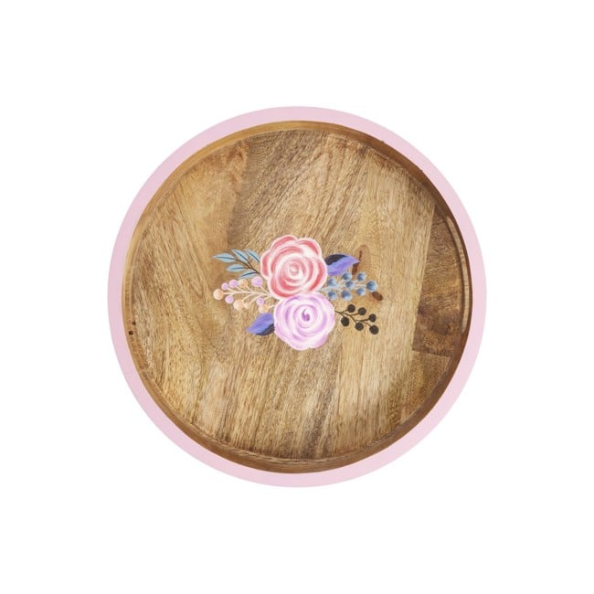 Rice - Round Wooden Tray with Handpainted Pink Edge and Flowers Small