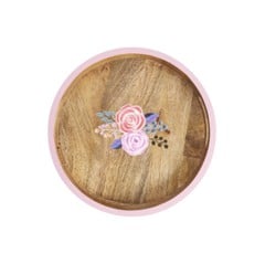 Rice - Round Wooden Tray with Handpainted Pink Edge and Flowers Small