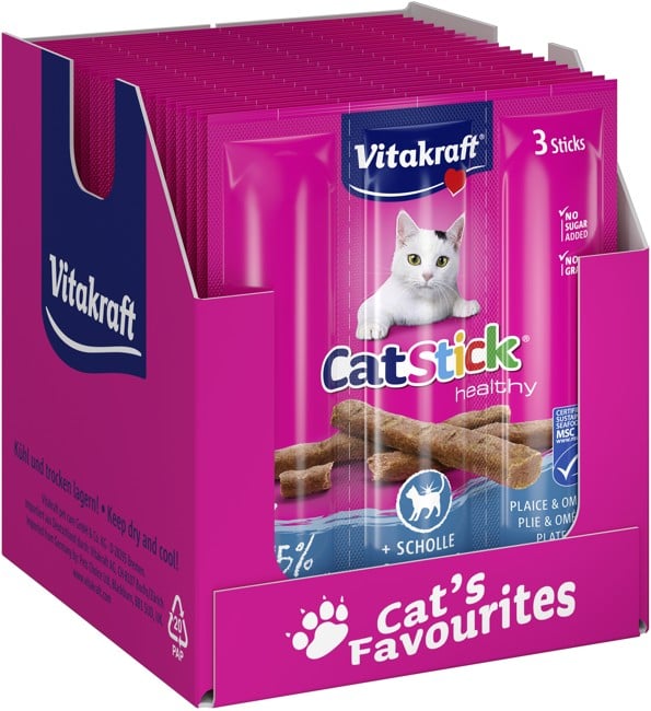 Vitakraft - 15x Cat Stick® med rødspætte og omega-3, MSC, 3 stk ( OBS  BEDST FØR 15-12-2024)