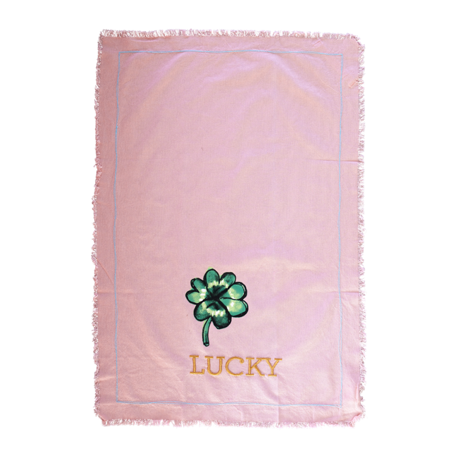 Rice - Cotton Tea Towel Good Luck print and Embroidery in Soft Pink