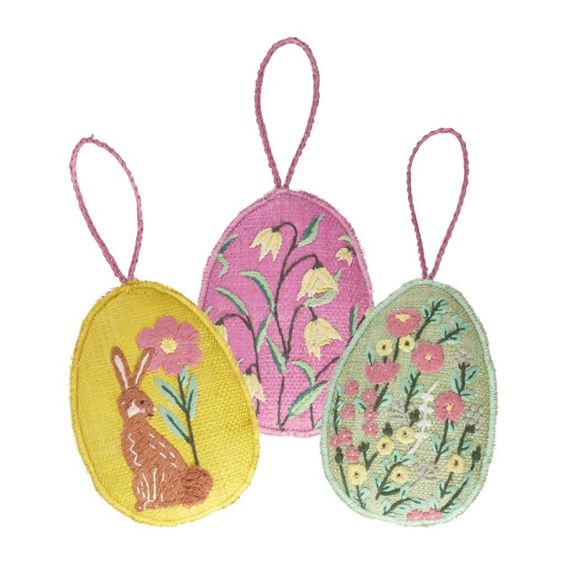 Rice - Raffia Large Easter Eggs Ornaments 3 Asst. Designs with Embroidery Pink/Yellow/Green