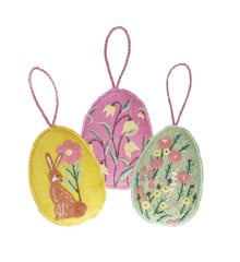Rice - Raffia Large Easter Eggs Ornaments 3 Asst. Designs with Embroidery Pink/Yellow/Green