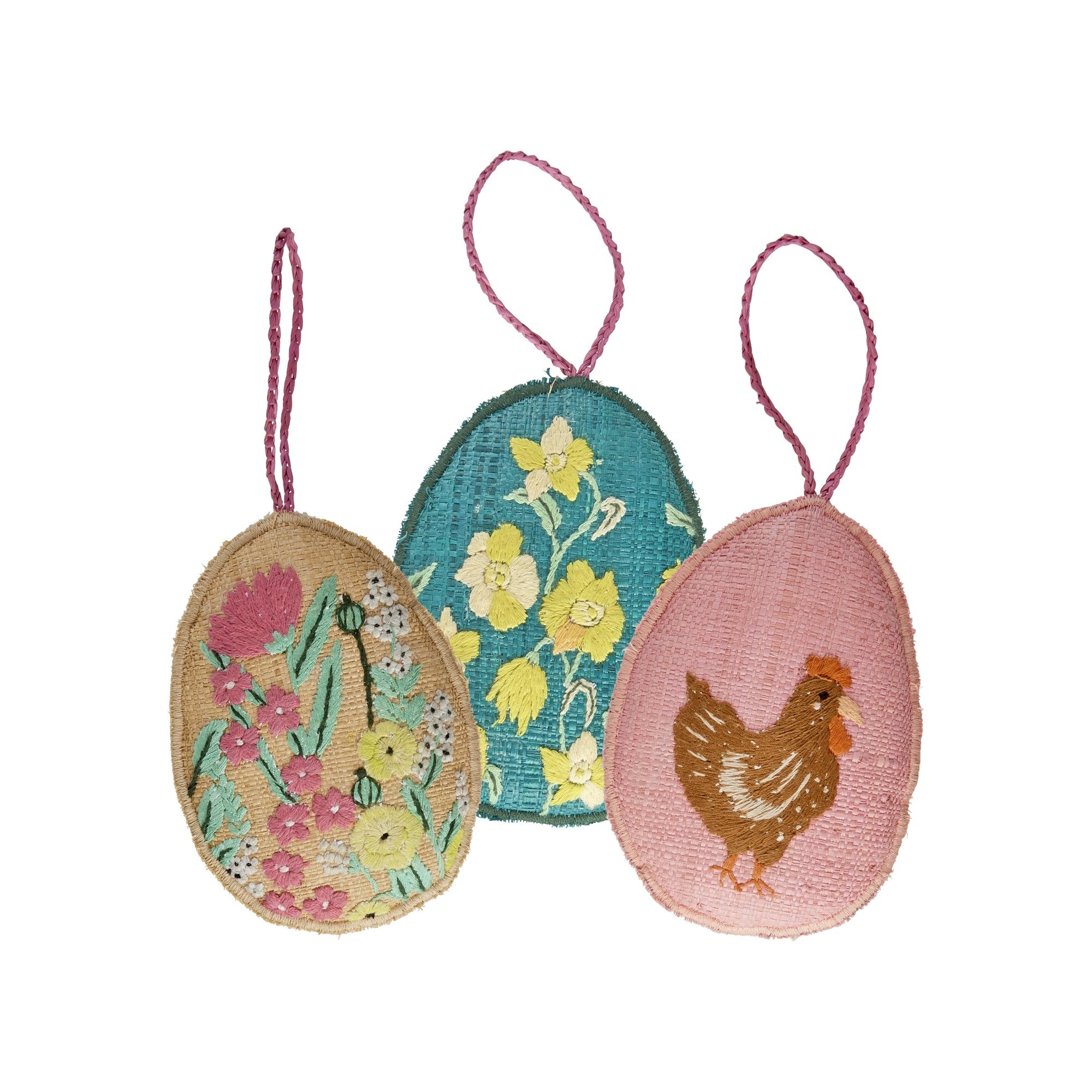 Rice - Raffia Large Easter Eggs Ornaments 3 Asst. Designs with Embroidery Pink/Yellow/Blue - Hjemme og kjøkken