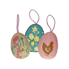 Rice - Raffia Large Easter Eggs Ornaments 3 Asst. Designs with Embroidery Pink/Yellow/Blue