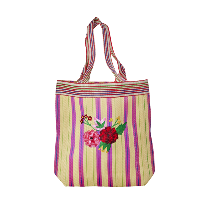 Rice - Recycled Plastic Shopping Bag Sand Stripes with FLOWER Embroidery